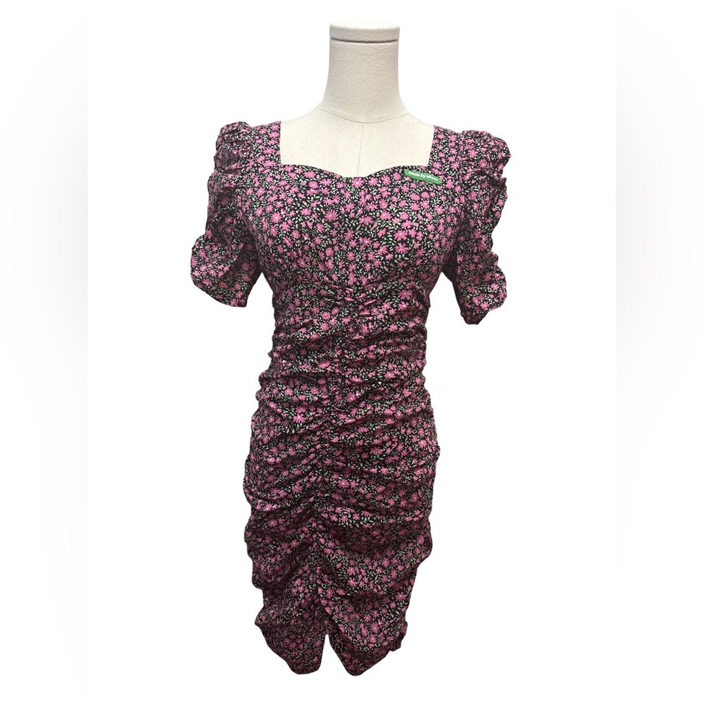CHUU Floral Pink and Black Ruched Dress - size S